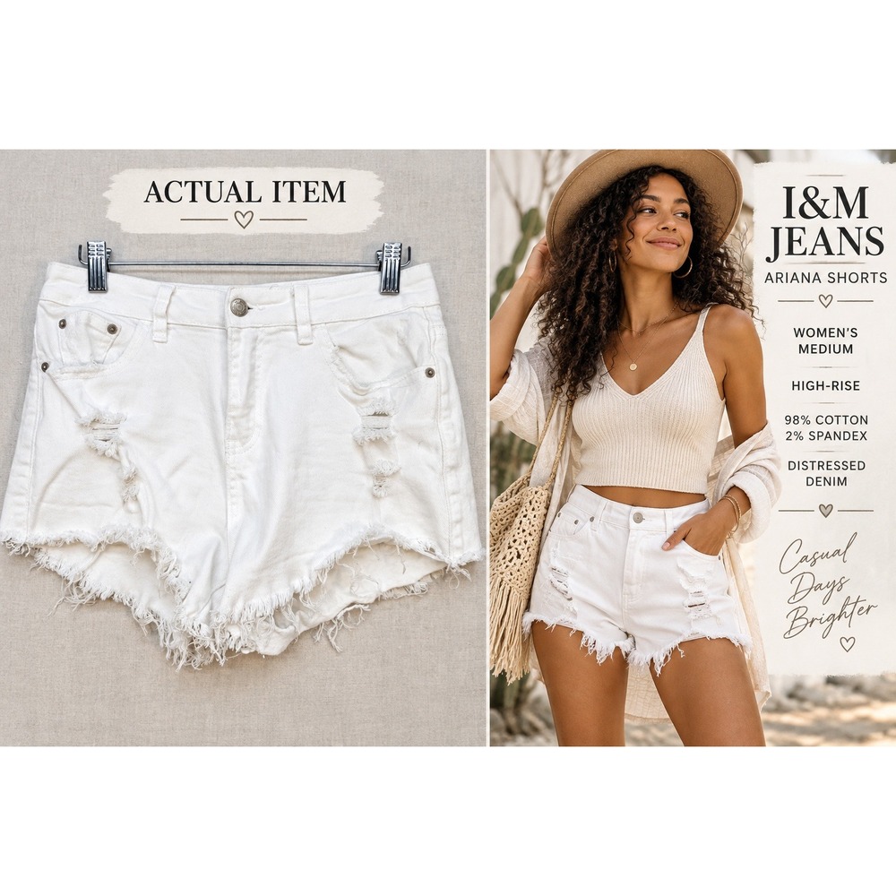 I & M Jeans Ariana High Rise Distressed White Denim Shorts Women's Med Shredded